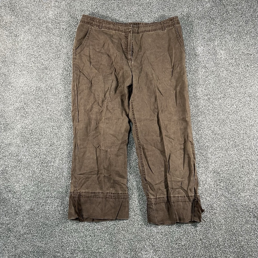 J Jill Womens 12 Brown Linen Blend Wide Leg Cropped Pants Cuffed